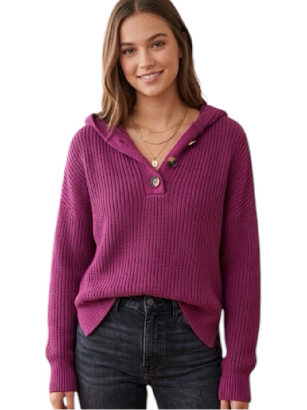 Rachel Zoe Cozy Hooded Thick Knit Pullover Raspberry Sweater